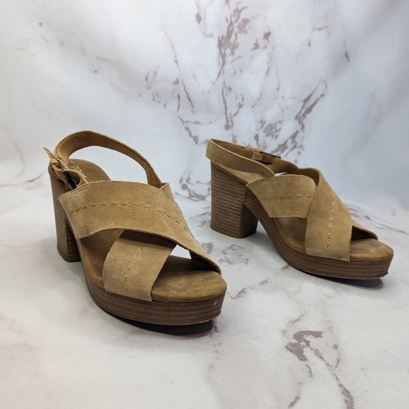 Toms Sandal Womens 9 Platform Ibiza Slingback Heels Shoe Brown Tan Suede Cross - Picture 2 of 13